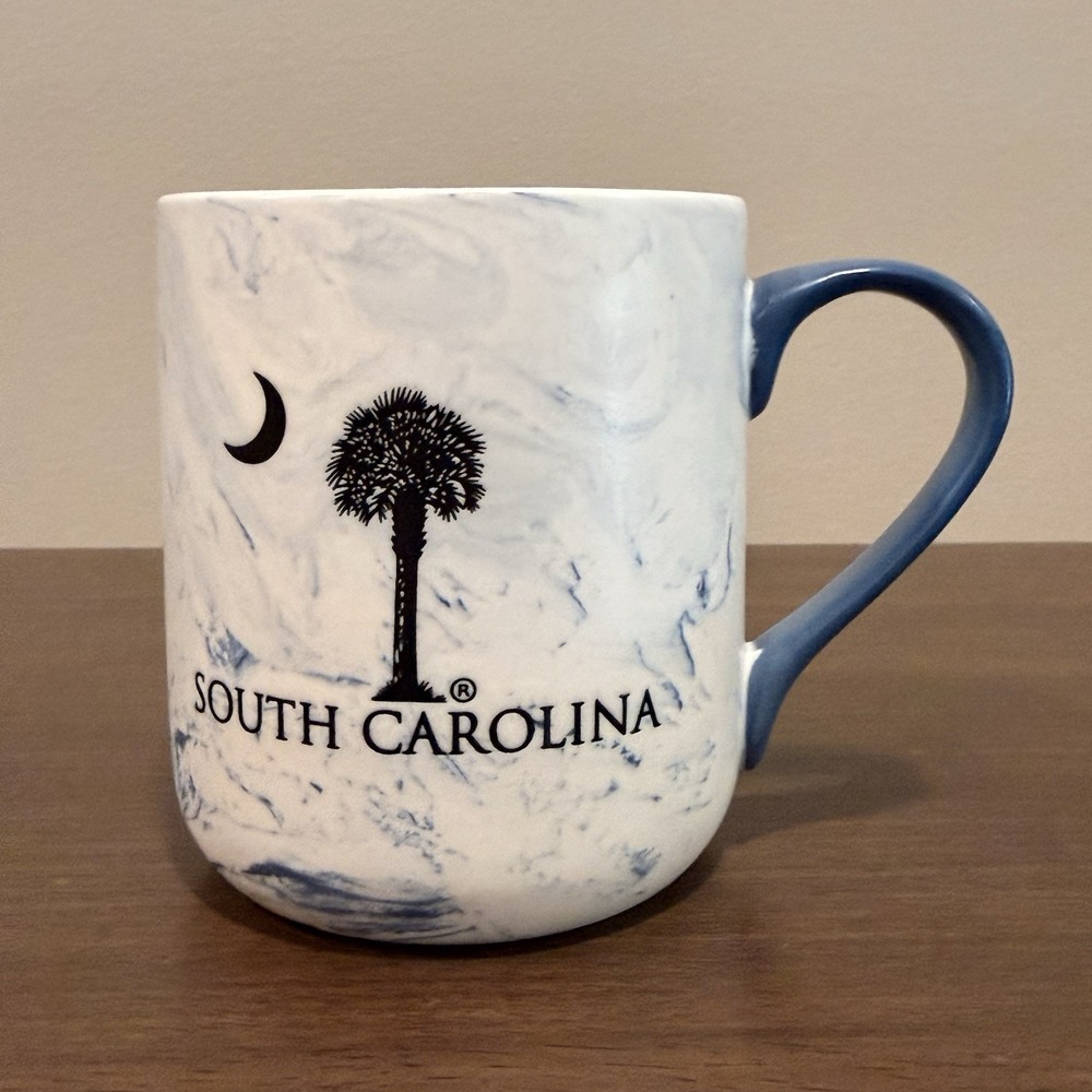 South Carolina Coffee Mug Palmetto Tree Crescant Moon Blue Marble Souvenir Cup